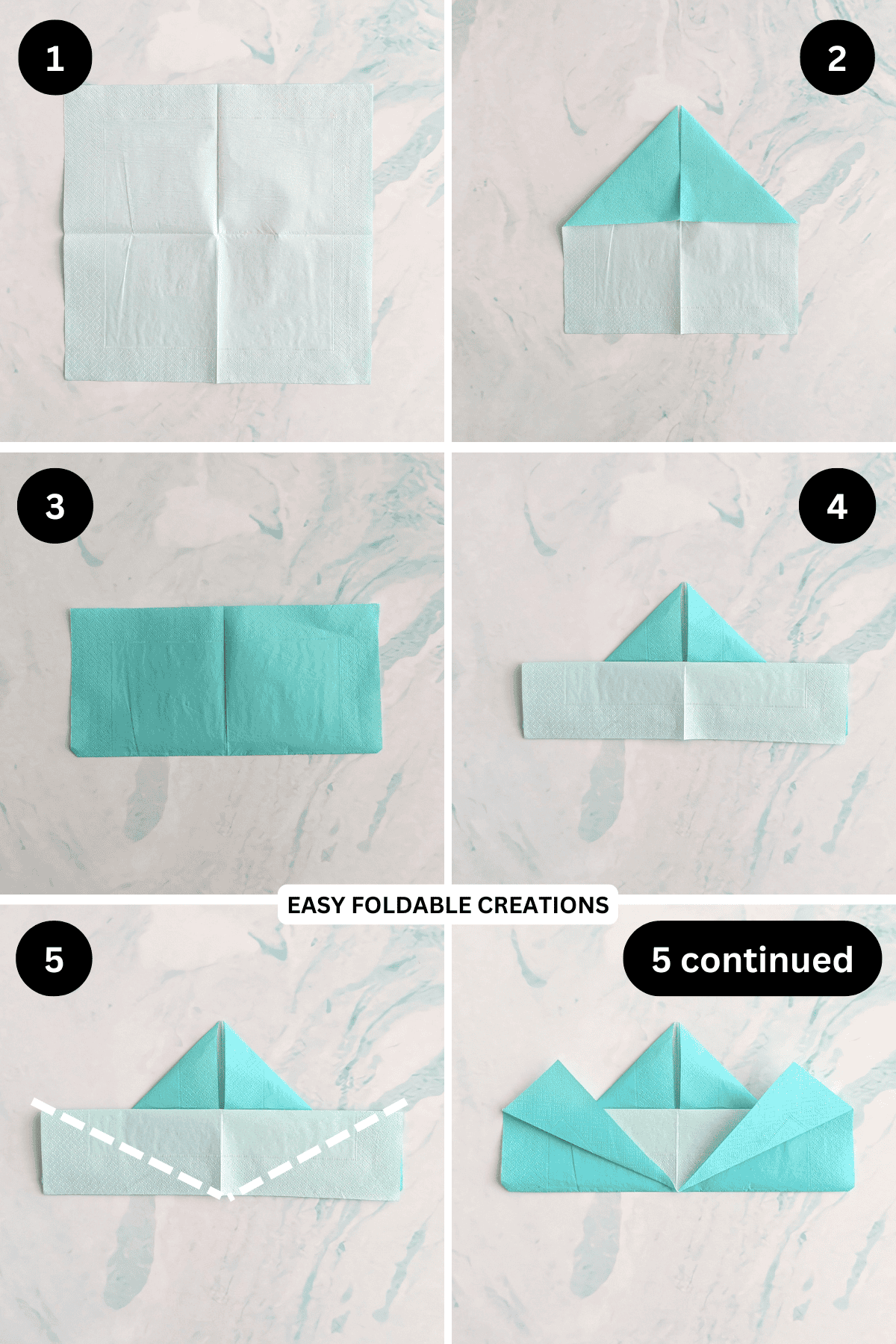Steps 1 to 5 for folding a maple leaf napkin fold.