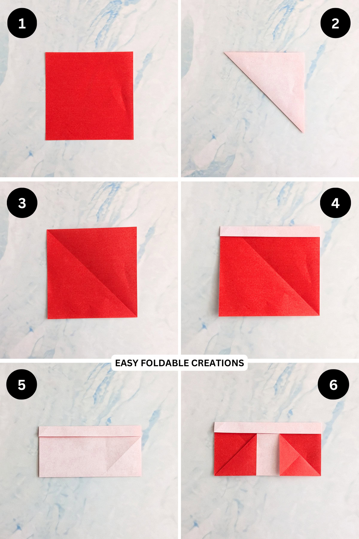 Steps 1 to 6 for folding an origami stocking.