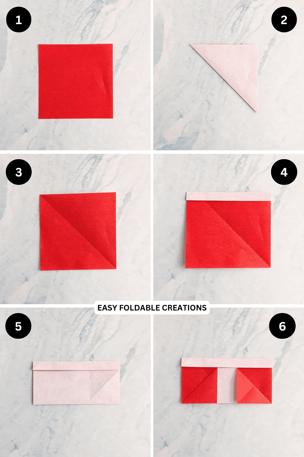 Steps 1 to 6 for folding an origami stocking.