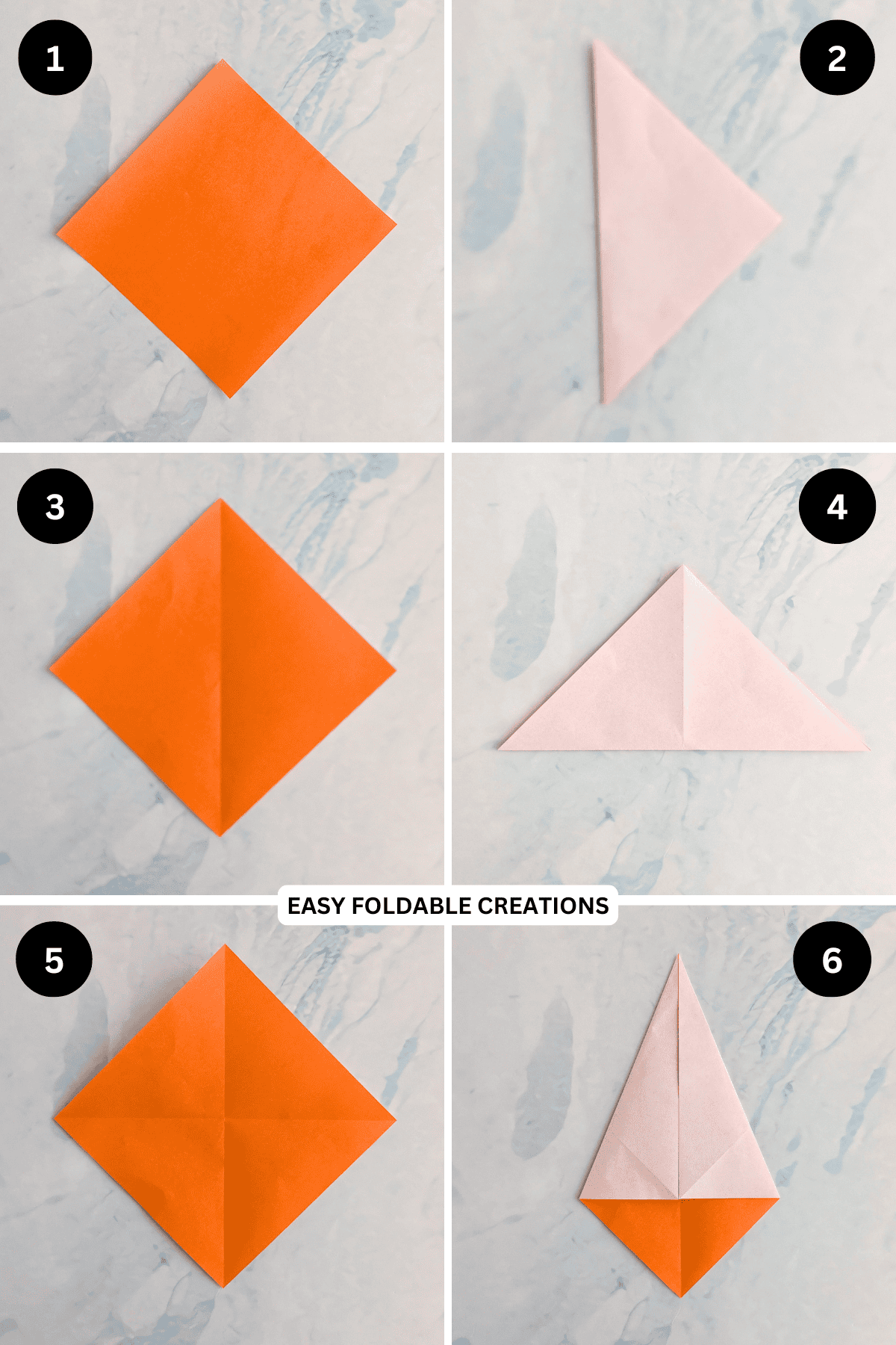 Steps 1 to 6 for making an origami ghost.
