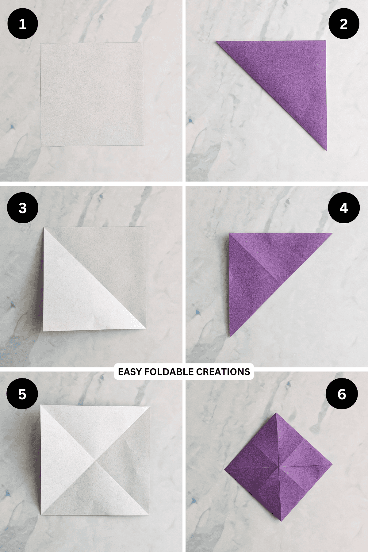 Steps 1 to 6 for folding an origami fortune teller.