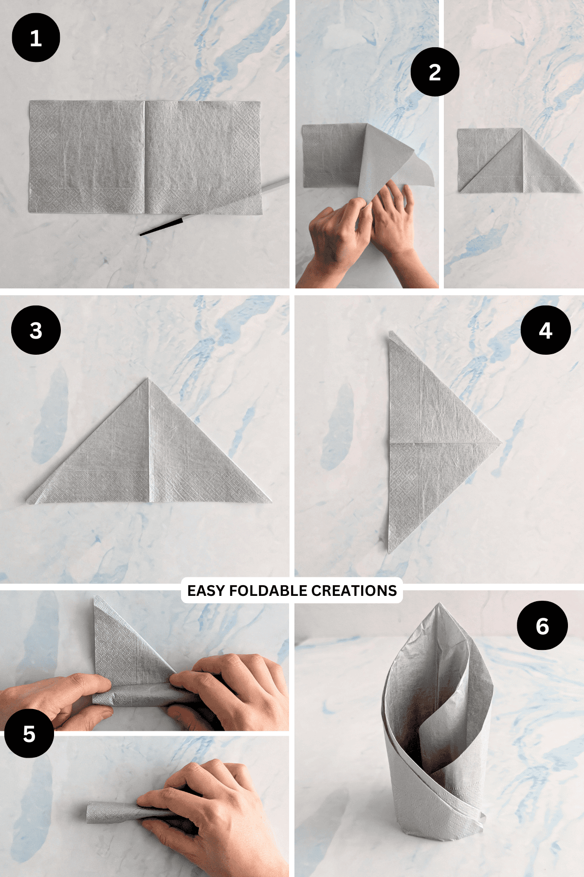 Steps 1 to 6 for folding a spiral napkin fold.