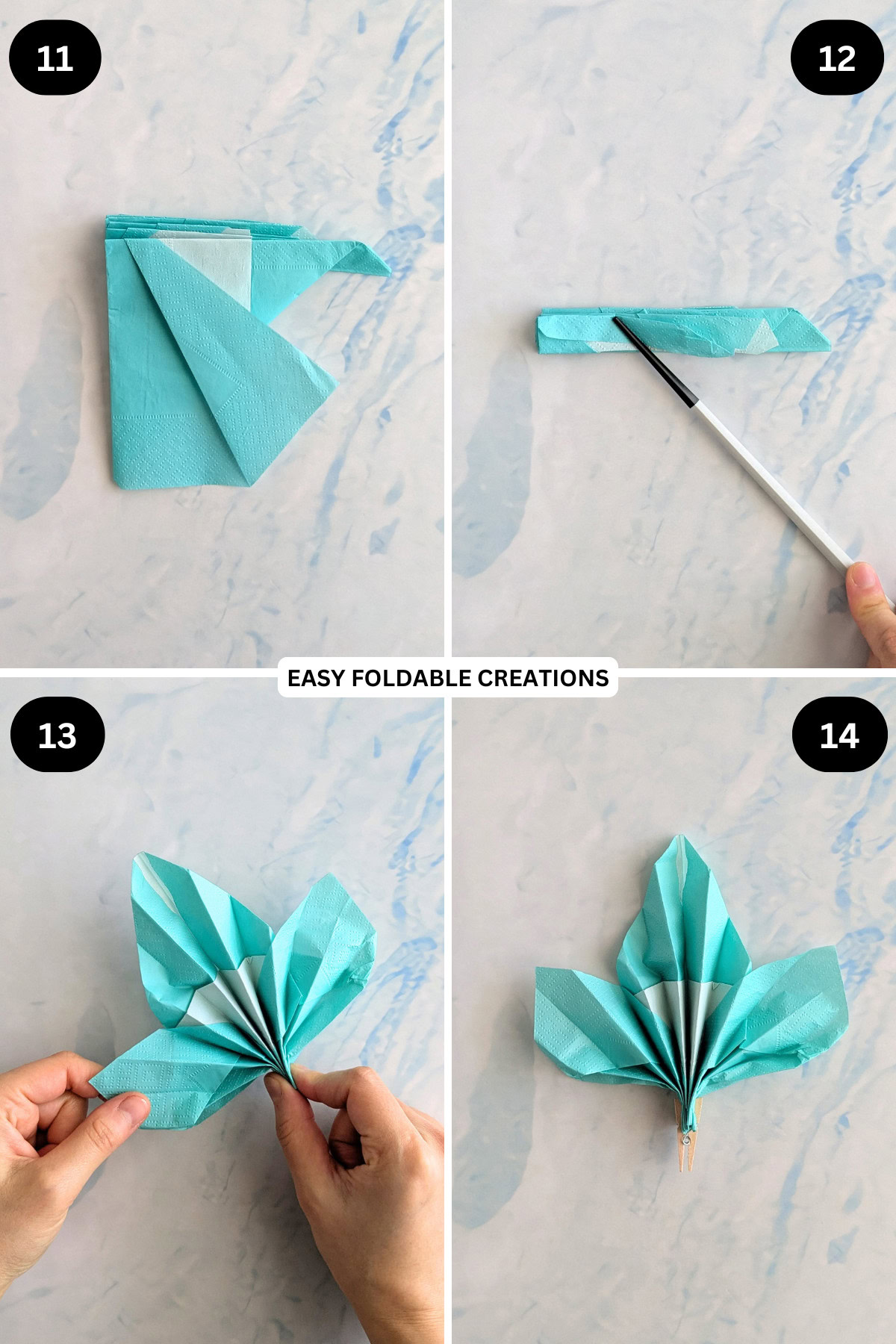 Steps 11 to 14 for folding a maple leaf napkin fold.