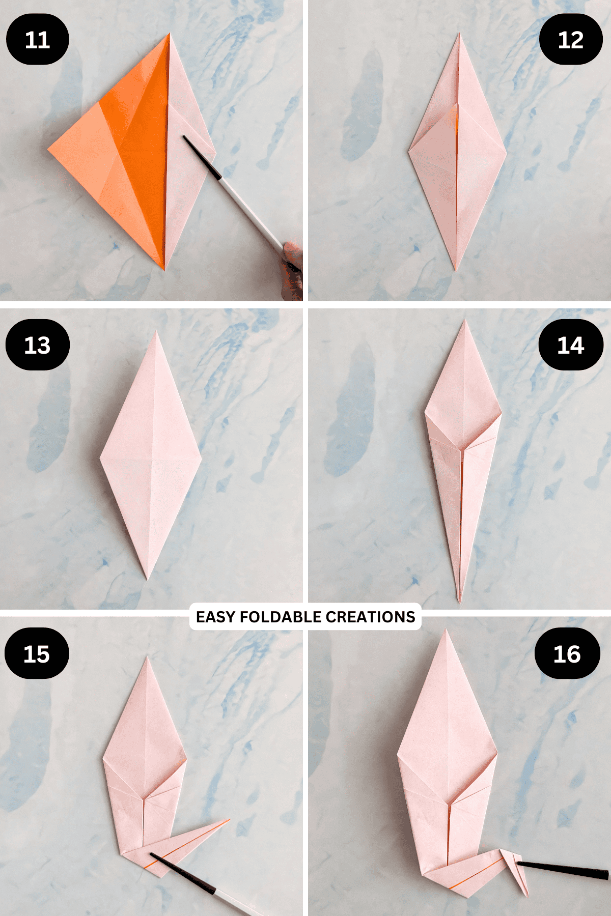 Steps 11 to 16 for making an origami ghost.