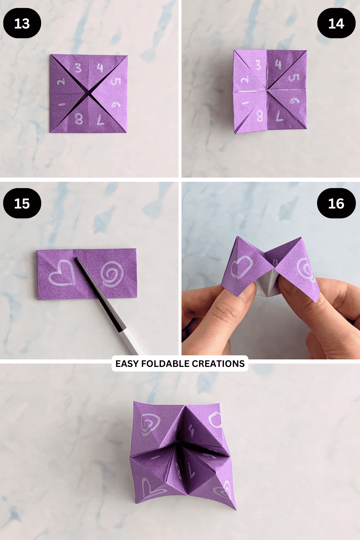Steps 13 to 16 for folding an origami fortune teller.