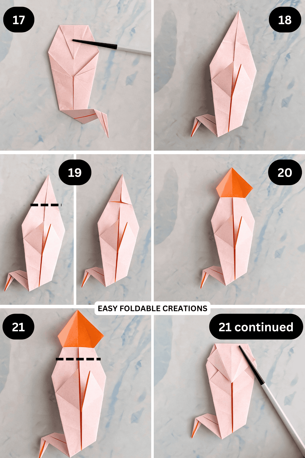 Steps 17 to 21 for making an origami ghost.
