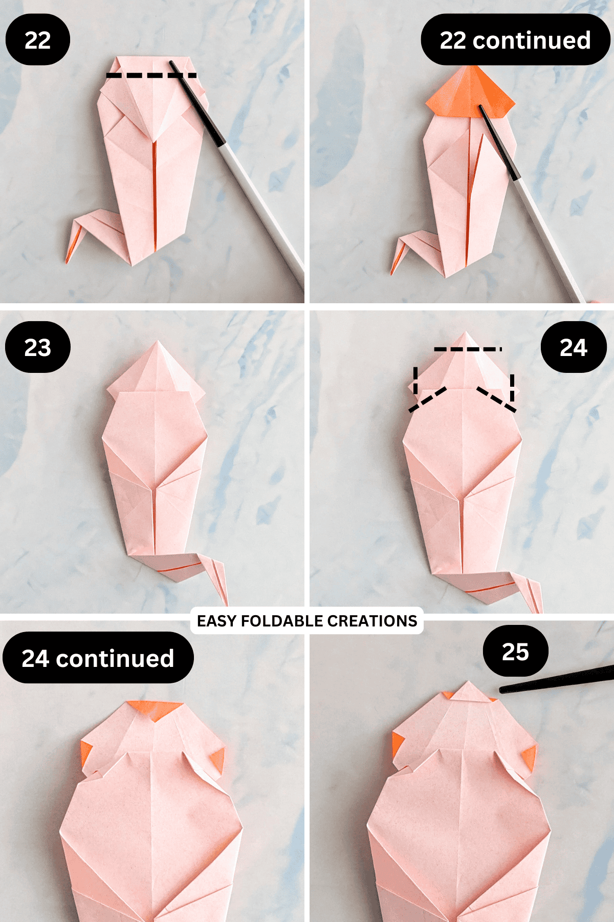 Steps 22 to 25 for making an origami ghost.