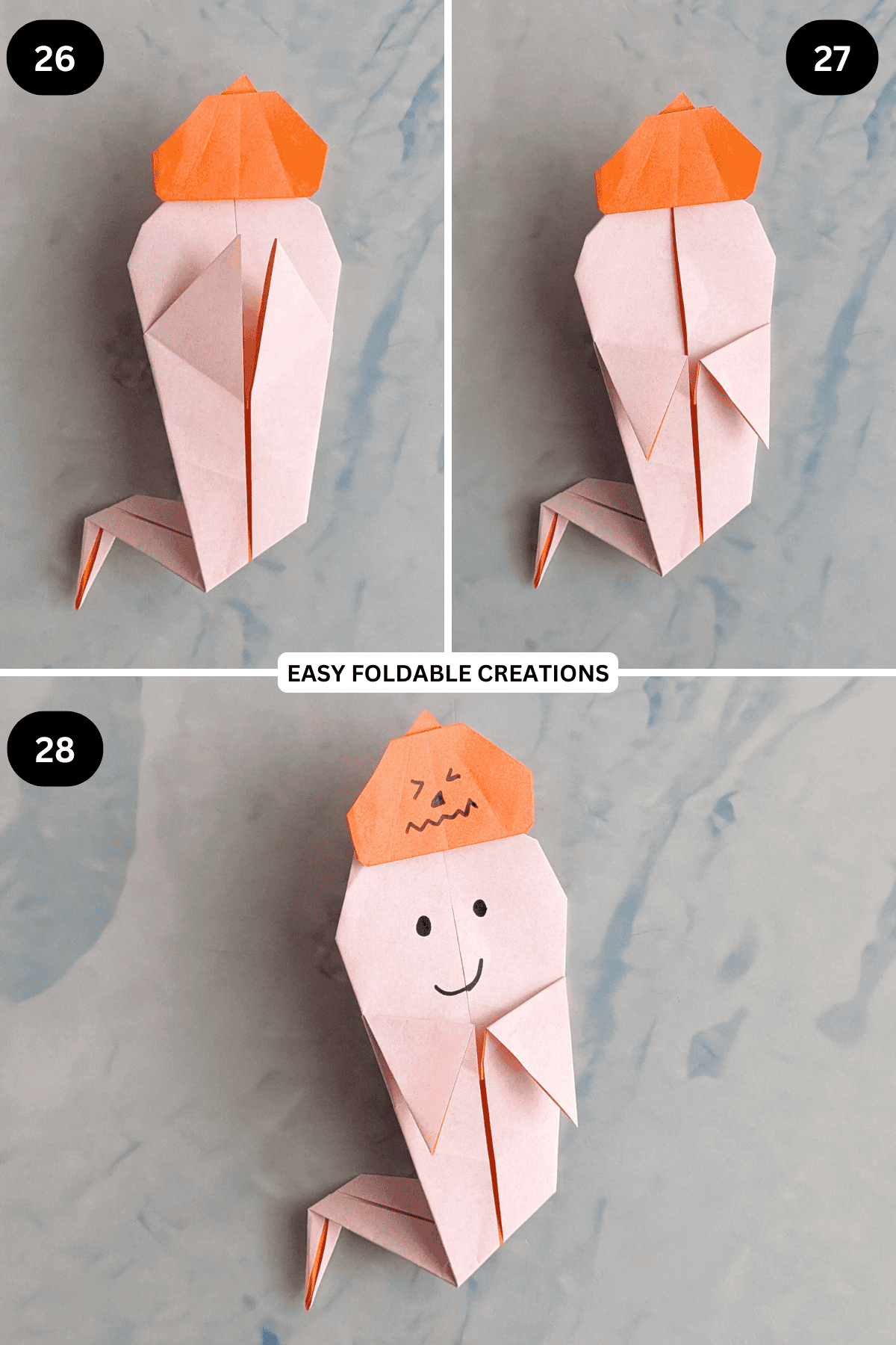 Steps 26 to 28 for making an origami ghost.