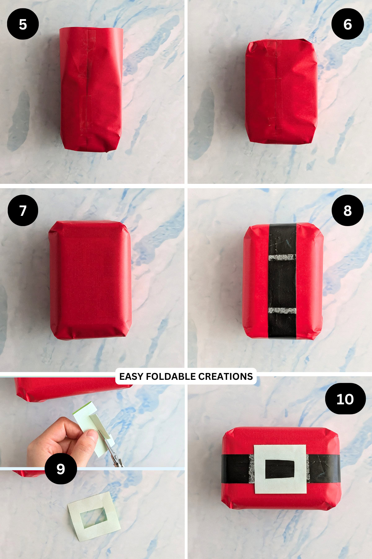 Steps 5 to 10 for wrapping a Christmas present.