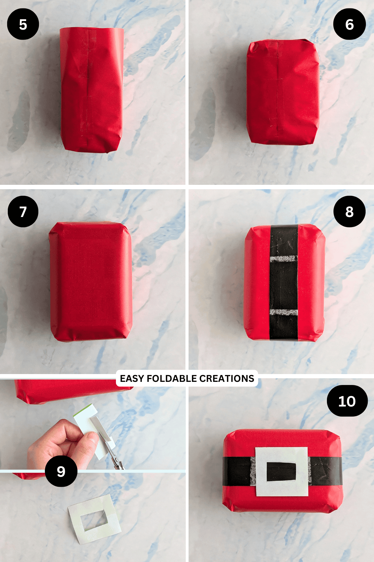 Steps 5 to 10 for wrapping a Christmas present.