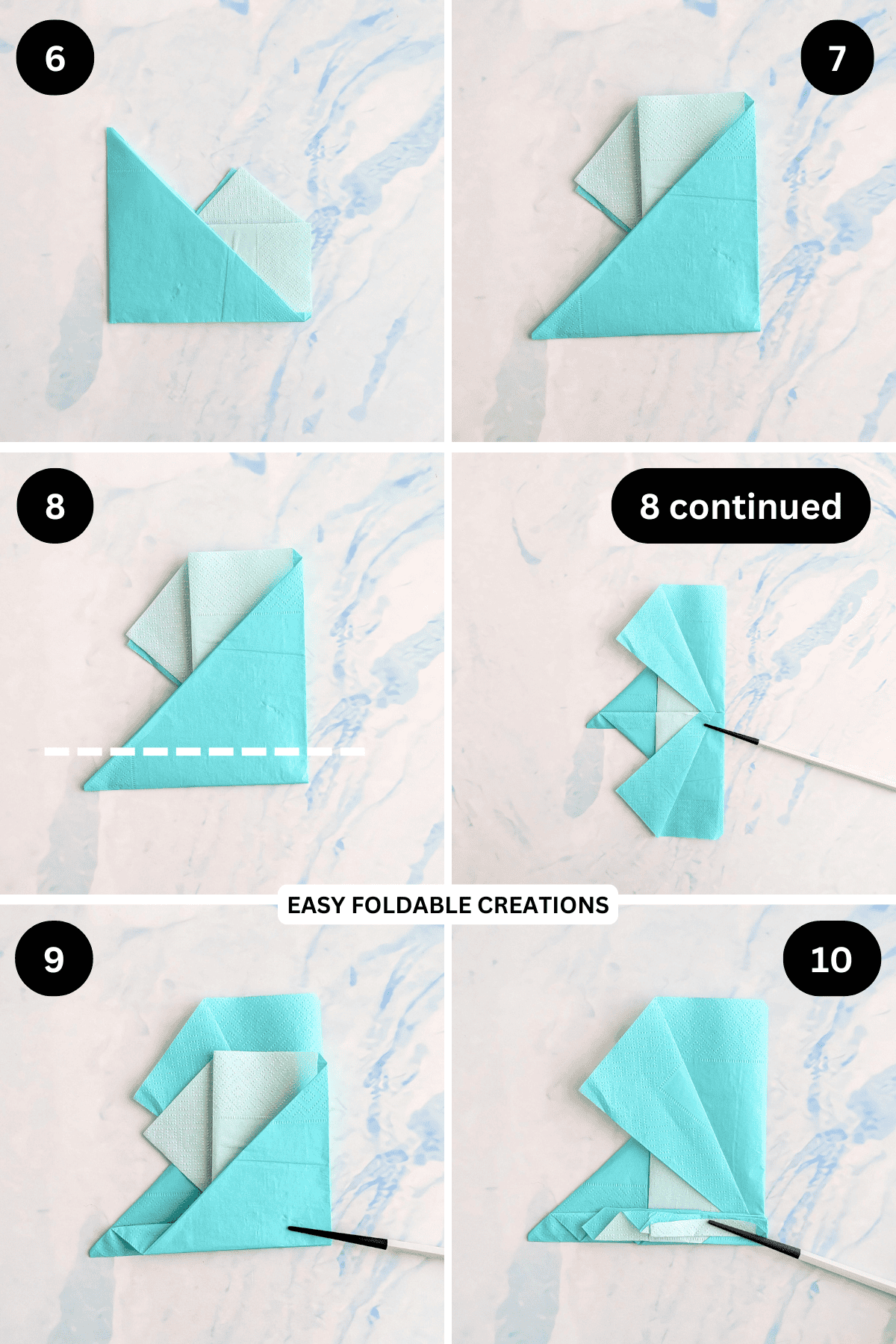 Steps 6 to 10 for folding a maple leaf napkin fold.