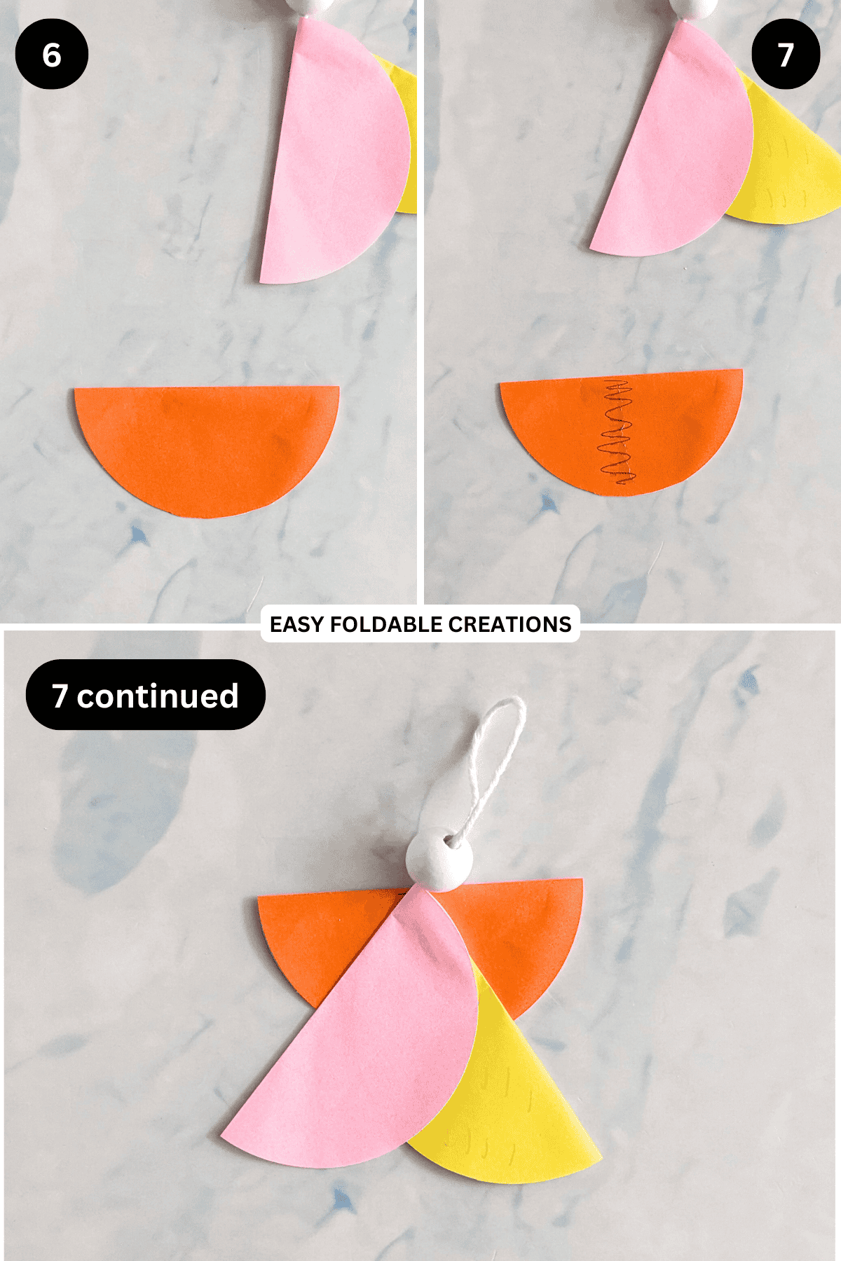 Steps 6 to 7 for making a DIY paper angel.