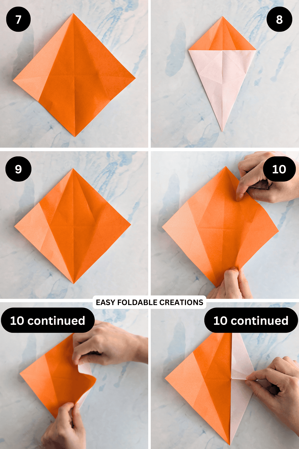 Steps 7 to 10 for making an origami ghost.