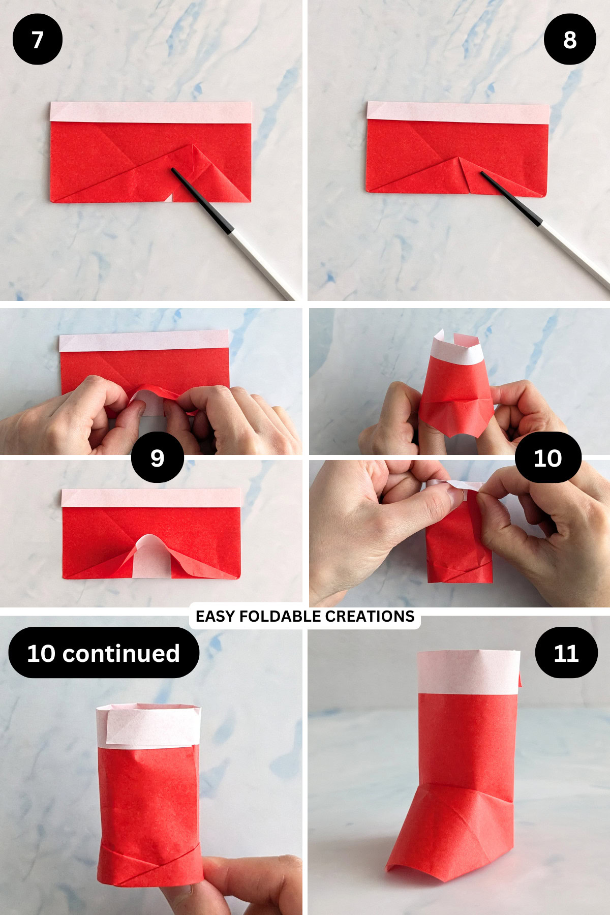 Steps 7 to 11 for folding an origami stocking.