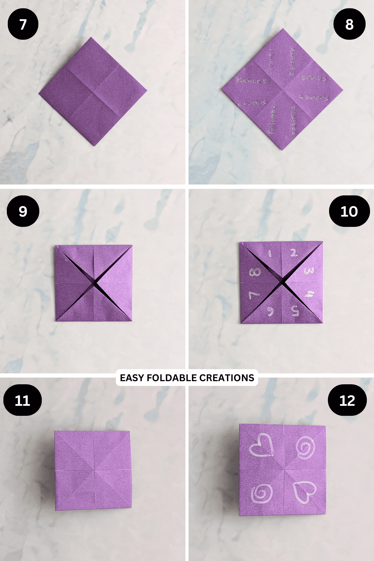 Steps 7 to 12 for folding an origami fortune teller.