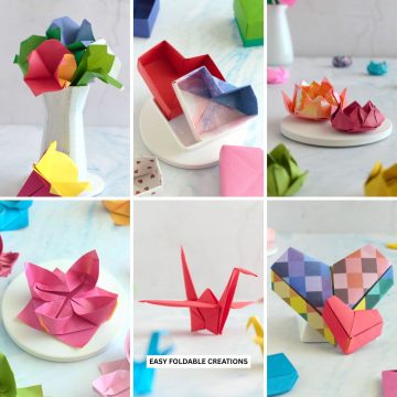 Collage of origami projects.