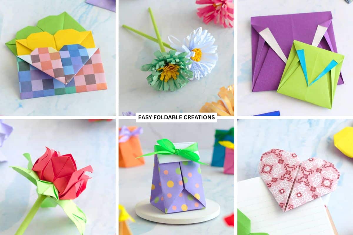 Collage of paper crafts for wedding favors.