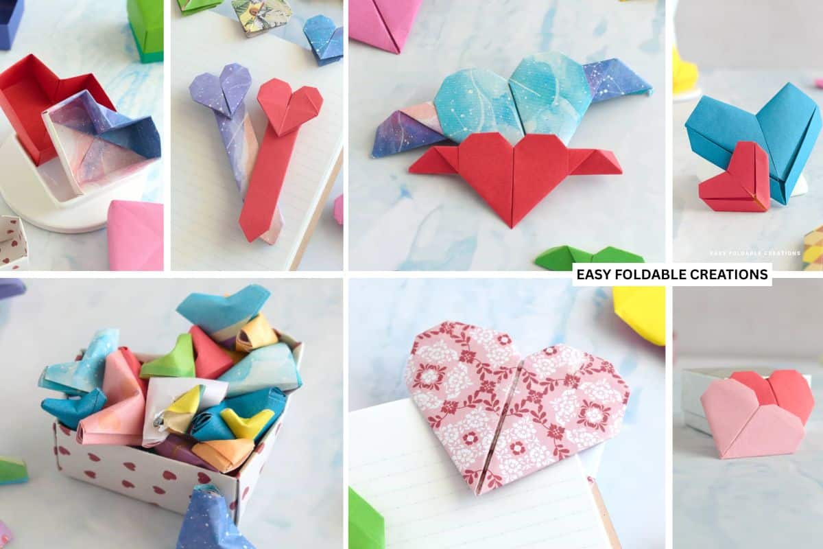Collage of origami hearts.