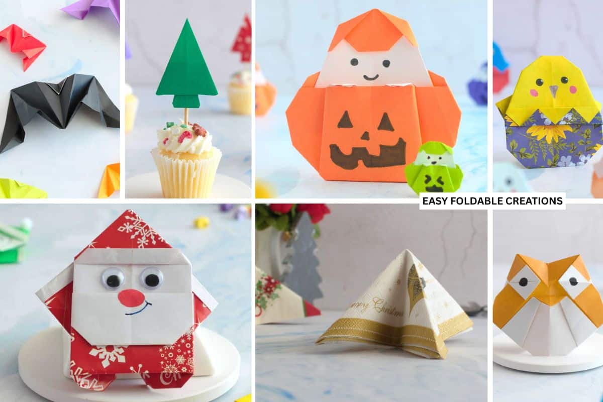 Collage of seasonal paper crafts and origami.