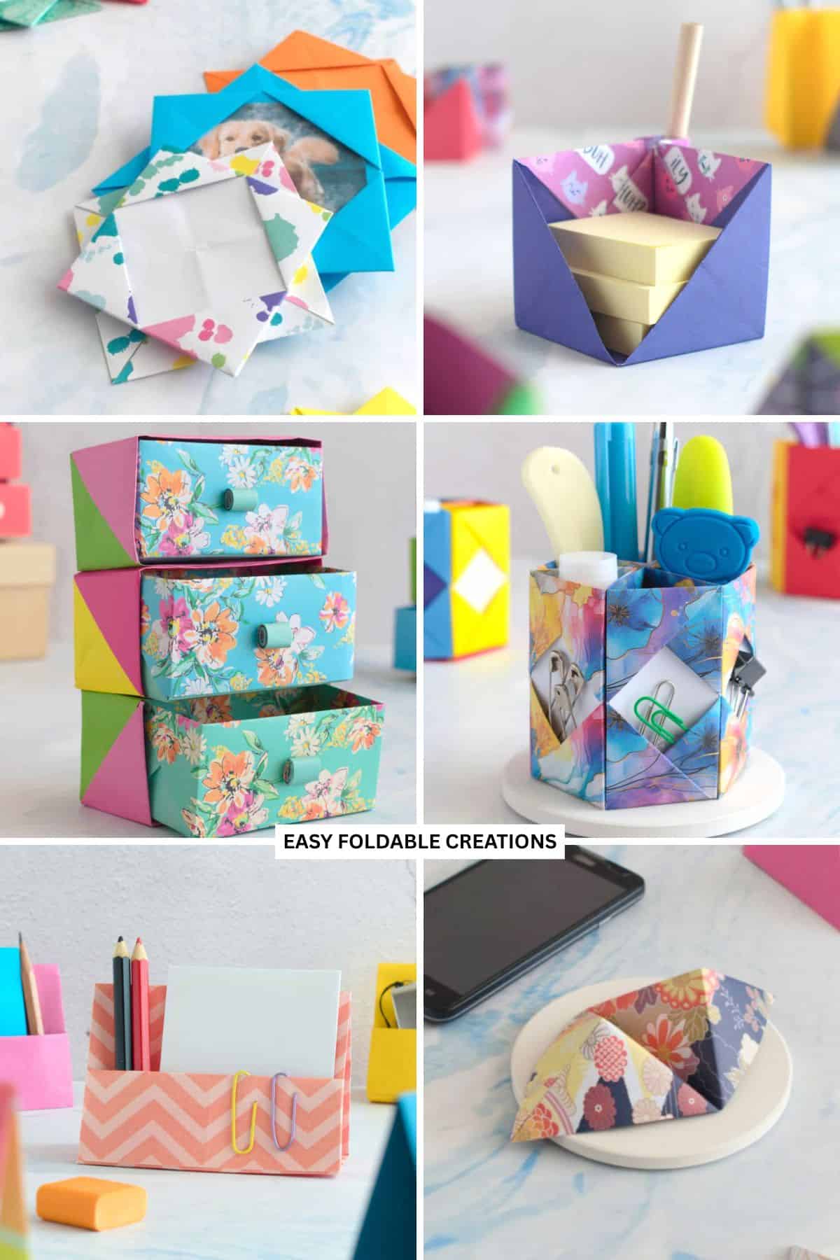 Collage of 6 paper craft ideas.