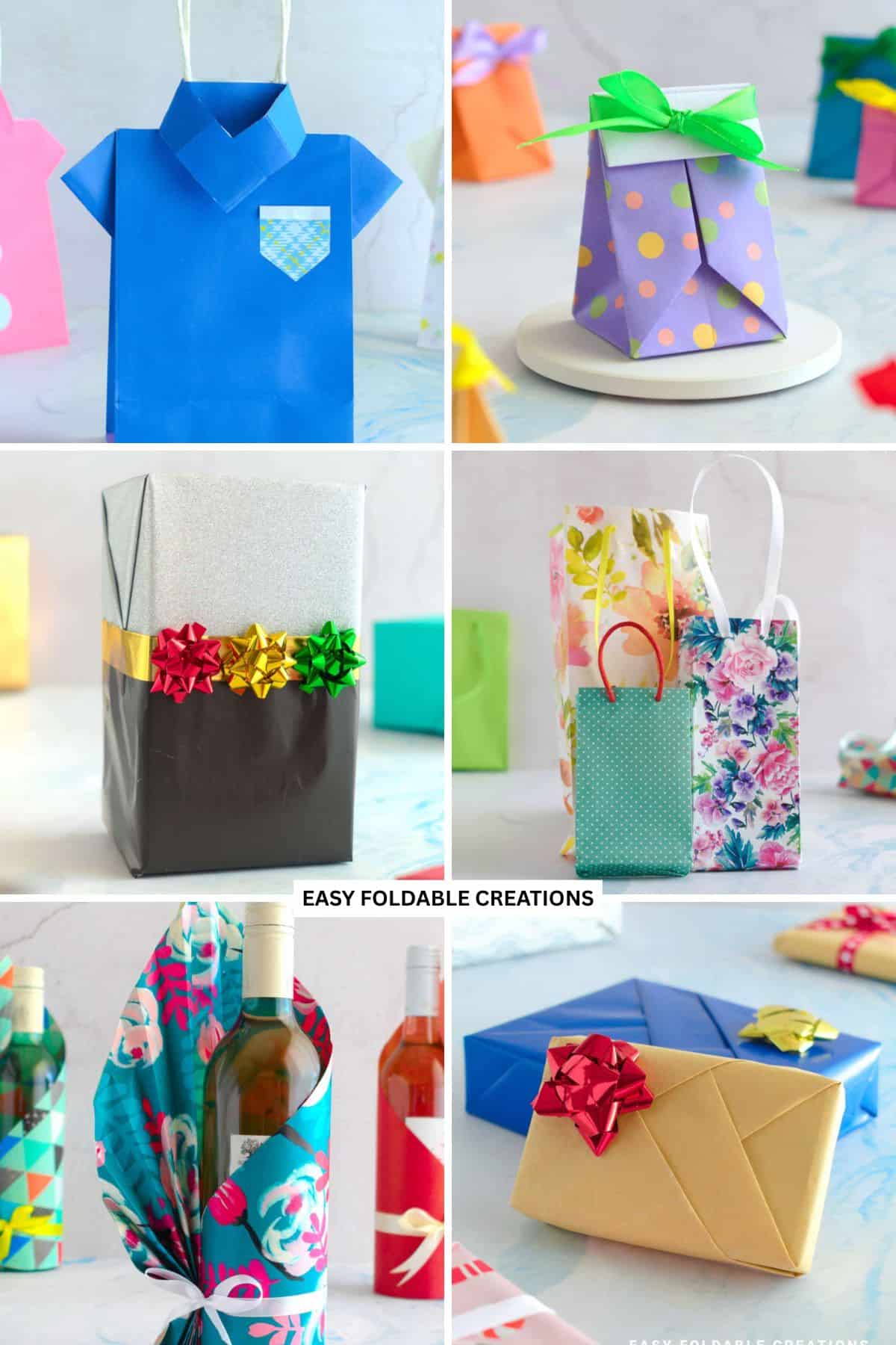 Collage of 6 gift wrapping ideas.