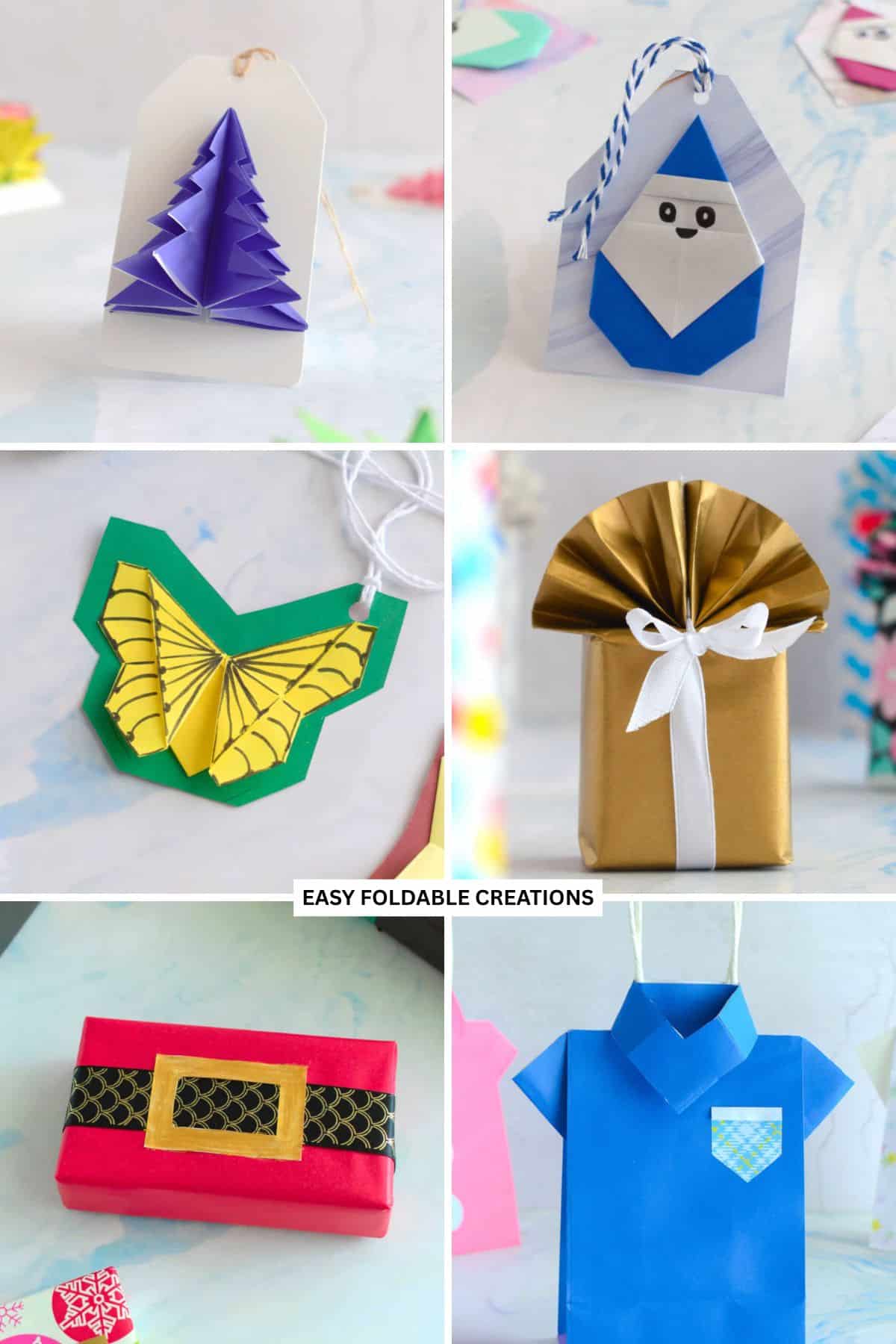 Collage of 6 gift wrapping topper ideas.