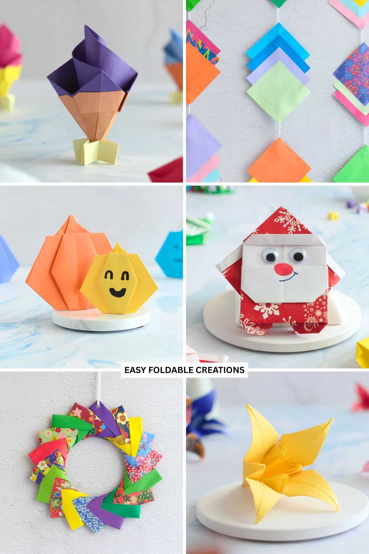 Collage of 6 seasonal paper decor ideas.
