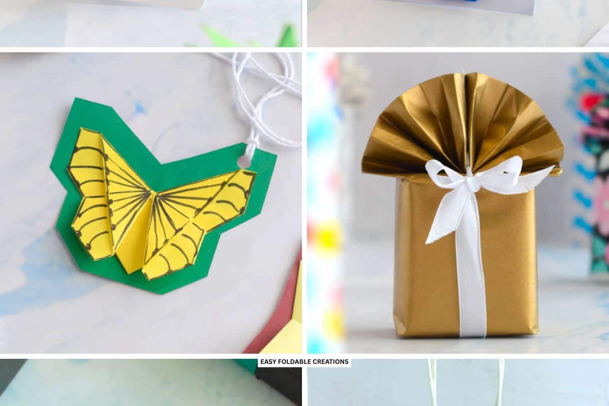 Butterfly gift tag and wrapped gift.