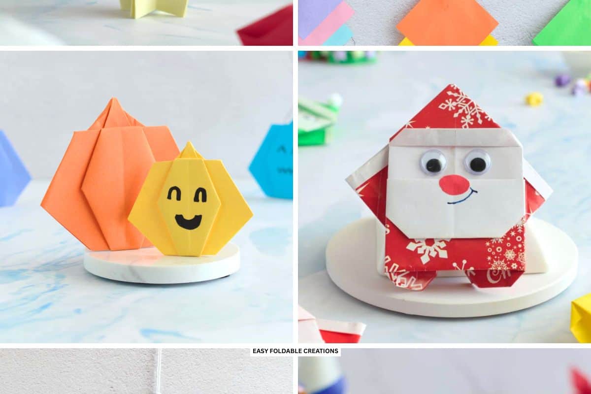 Origami pumpkin and origami Santa.