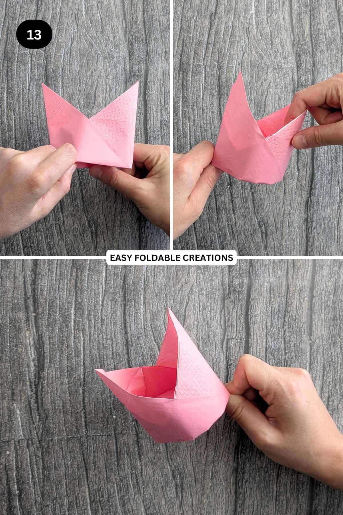 Step 13 for making a crown napkin fold.