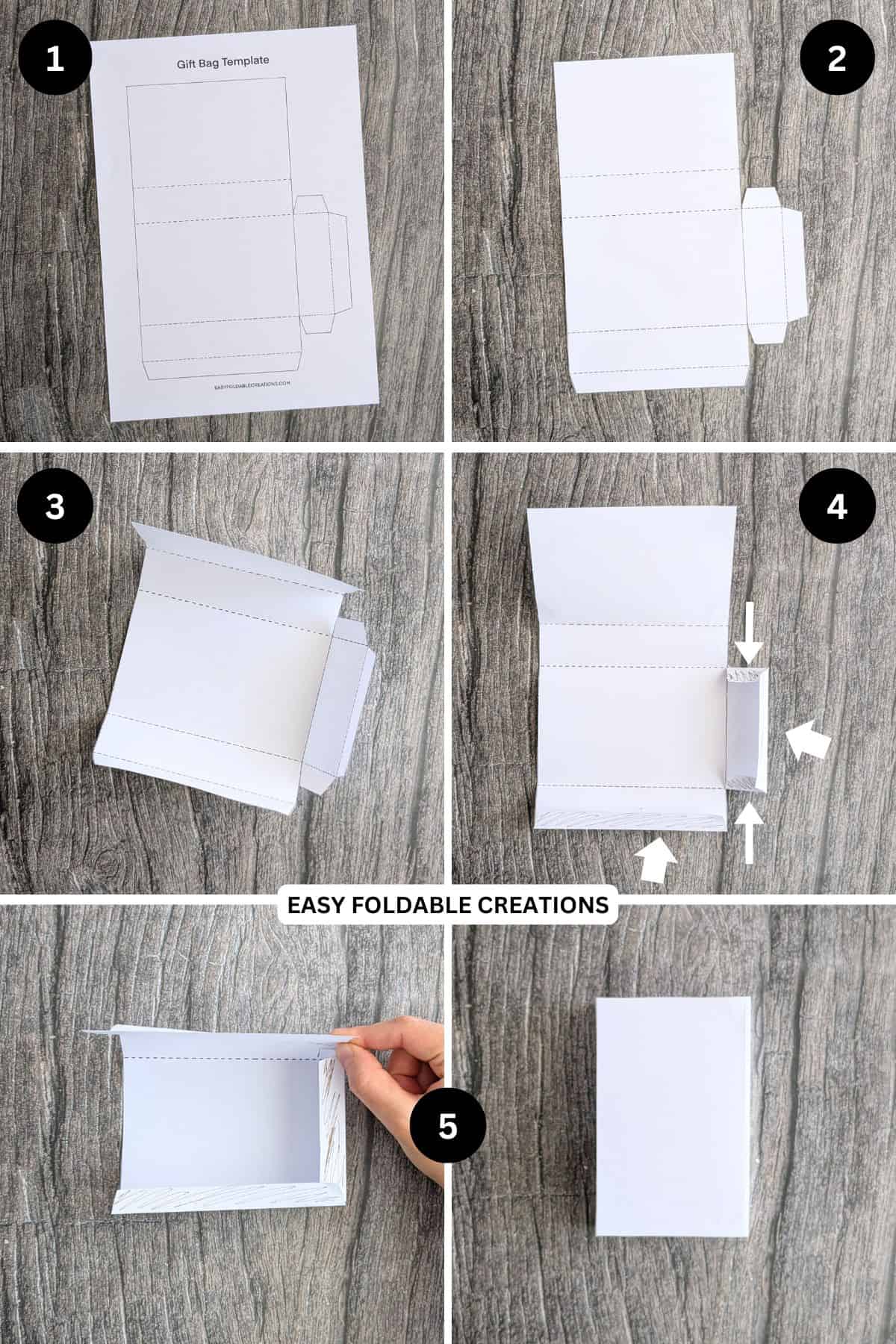 Steps 1 to 5 for making a paper gift bag with handles.