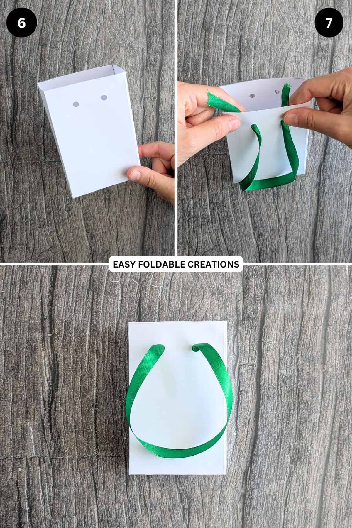 Steps 6 to 7 for making a paper gift bag with handles.